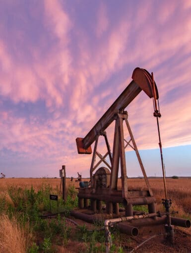 Mammatus clouds behind an oil pumpjack near dusk in Burkburnett, TX back in June