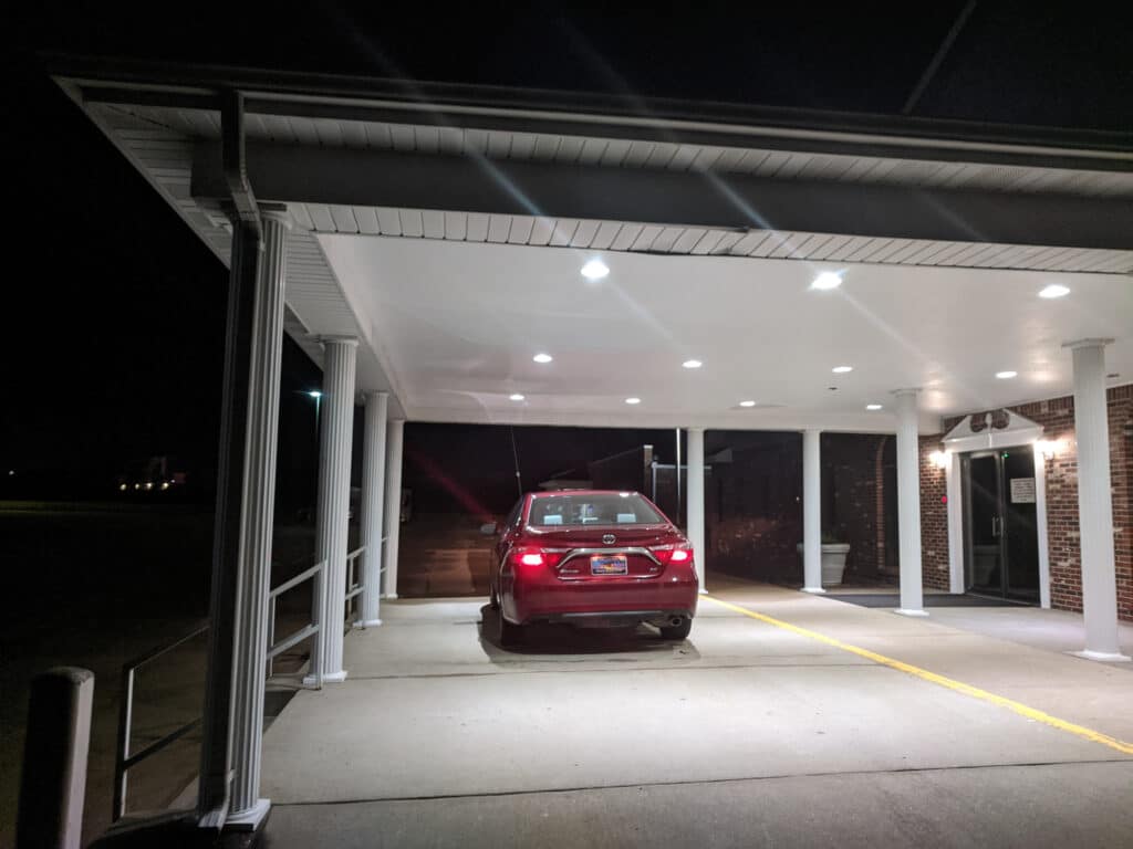 Hiding under a church awning near Jefferson City