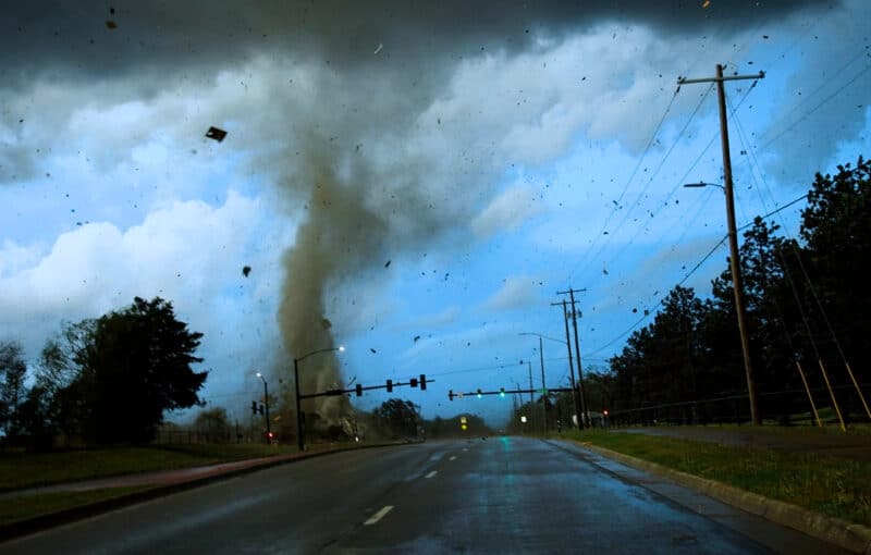 A tornado crosses Andover Rd at Harry Street in Andover, Kansas on April 29, 2022