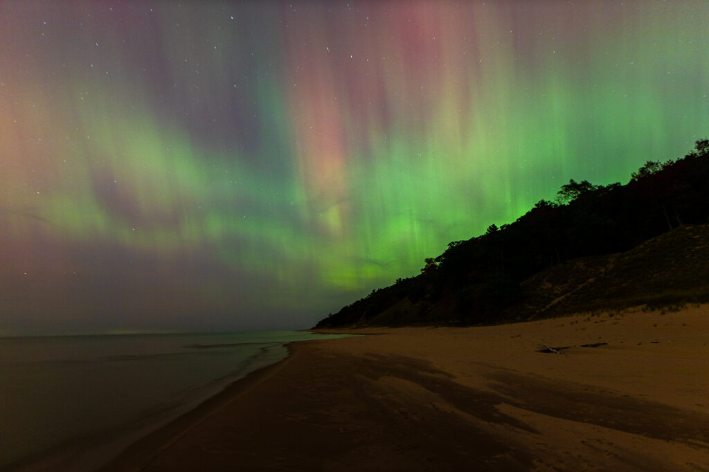 Auroras over the Lake Michigan shoreline